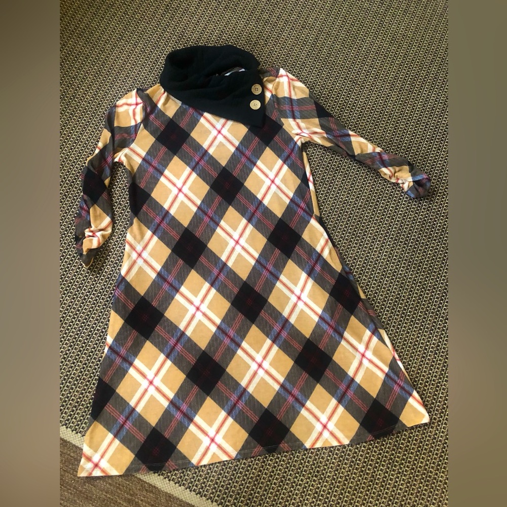 🟤NEW! Robert Louis Cowl Neck Plaid Ruched Long Sleeve Dress with Button Detail